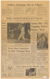 1974 Hank Aaron Signed "The Springfield Union" Newspaper for his 715th Career Home Run Surpassing Babe Ruth (JSA)